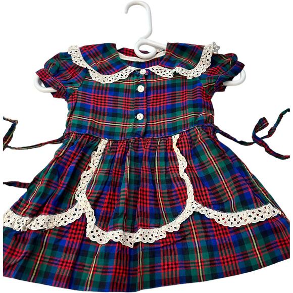 EUC Vintage Toddlers / Little Girls Navy Red Plaid Apron Style Ruffled Dress - Picture 1 of 6